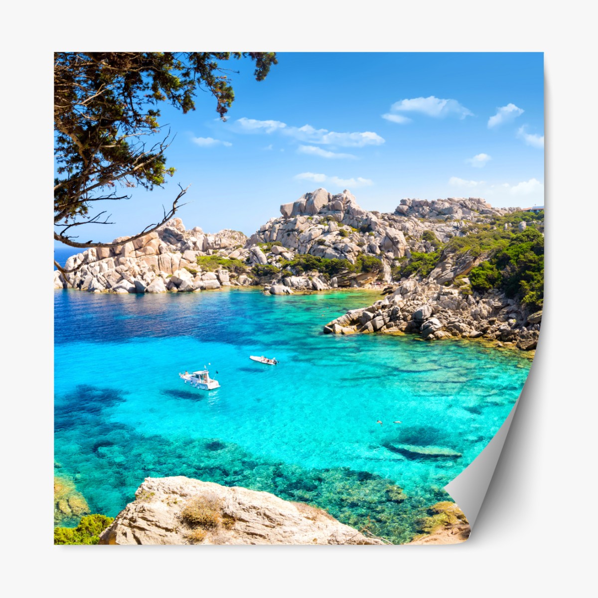 Repositionable sticker turquoise coastal cove with boats