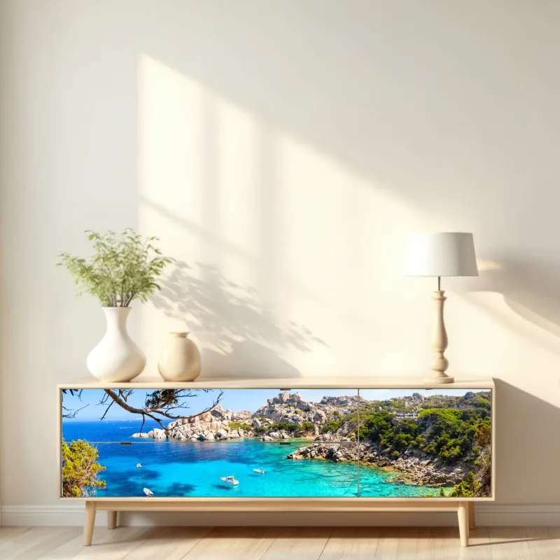 Naklejka repozycjonowalna turkusowa zatoka nad skalistym wybrzeżem – Wallissimo® Naklejka repozycjonowalna turkusowa zatoka nad skalistym wybrzeżem – Wallissimo®