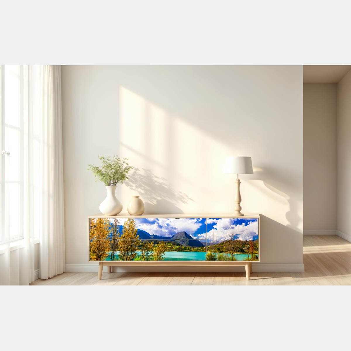 Naklejka repozycjonowalna turkusowe jezioro i górski pejzaż – Wallissimo® Naklejka repozycjonowalna turkusowe jezioro i górski pejzaż – Wallissimo®