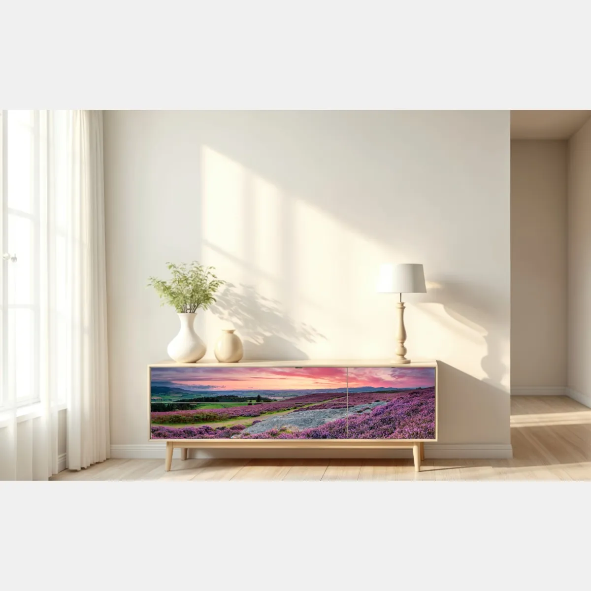 Naklejka repozycjonowalna fioletowe wrzosowiska o zachodzie słońca – Wallissimo® Naklejka repozycjonowalna fioletowe wrzosowiska o zachodzie słońca – Wallissimo®