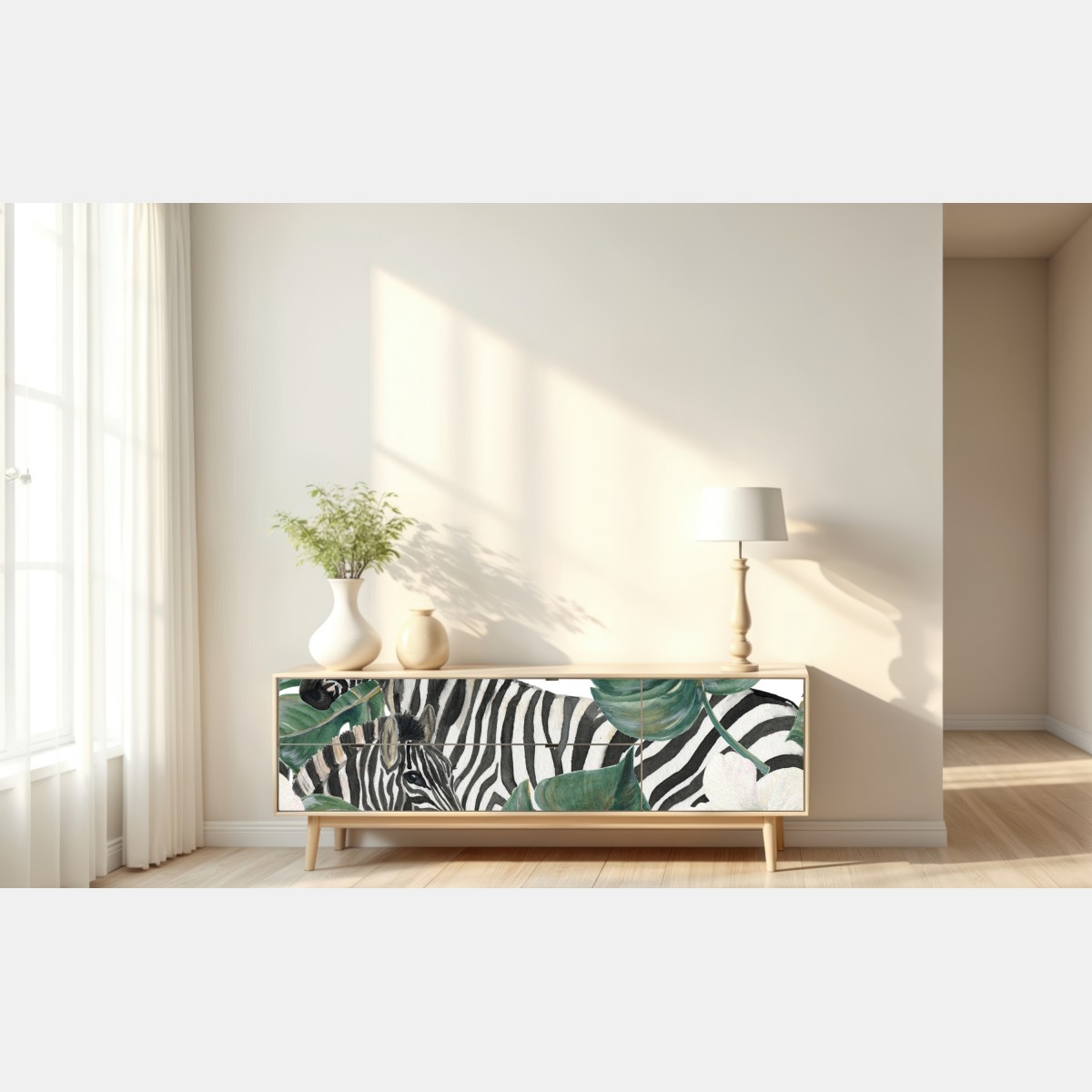 Naklejka repozycjonowalna tropikalny wzór z zebrą i monsterą – Wallissimo® Naklejka repozycjonowalna tropikalny wzór z zebrą i monsterą – Wallissimo®