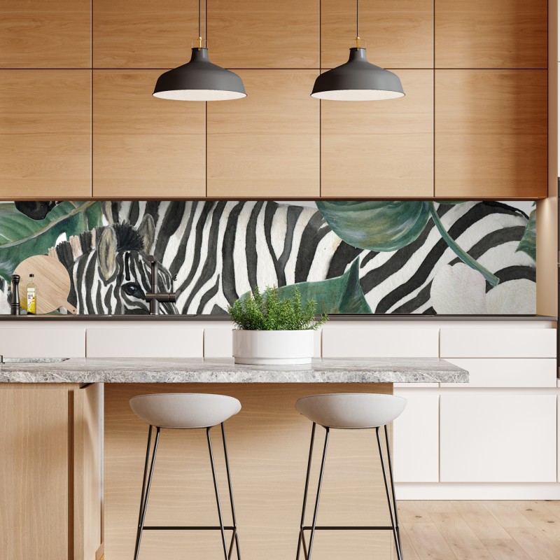 Naklejka repozycjonowalna tropikalny wzór z zebrą i monsterą – Wallissimo® Naklejka repozycjonowalna tropikalny wzór z zebrą i monsterą – Wallissimo®