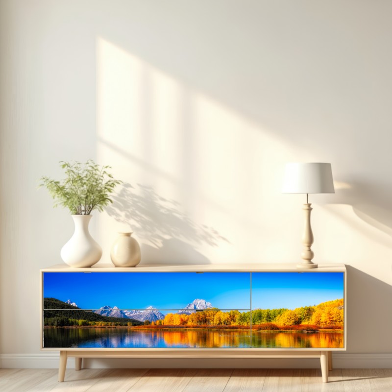 Naklejka repozycjonowalna jesienna panorama gór i jeziora – Wallissimo® Naklejka repozycjonowalna jesienna panorama gór i jeziora – Wallissimo®