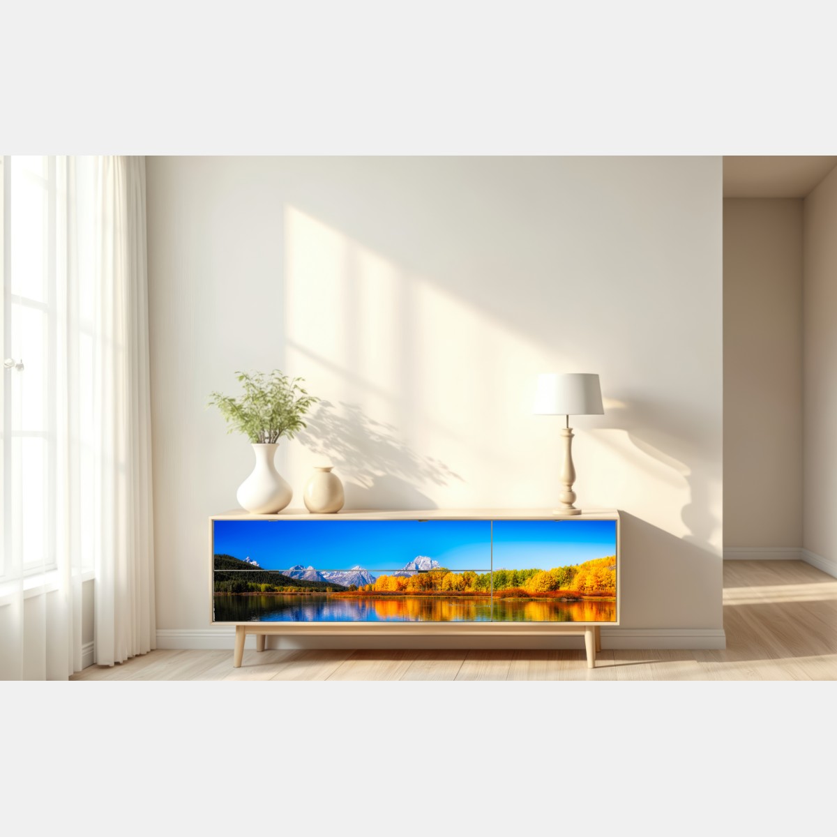 Naklejka repozycjonowalna jesienna panorama gór i jeziora – Wallissimo® Naklejka repozycjonowalna jesienna panorama gór i jeziora – Wallissimo®