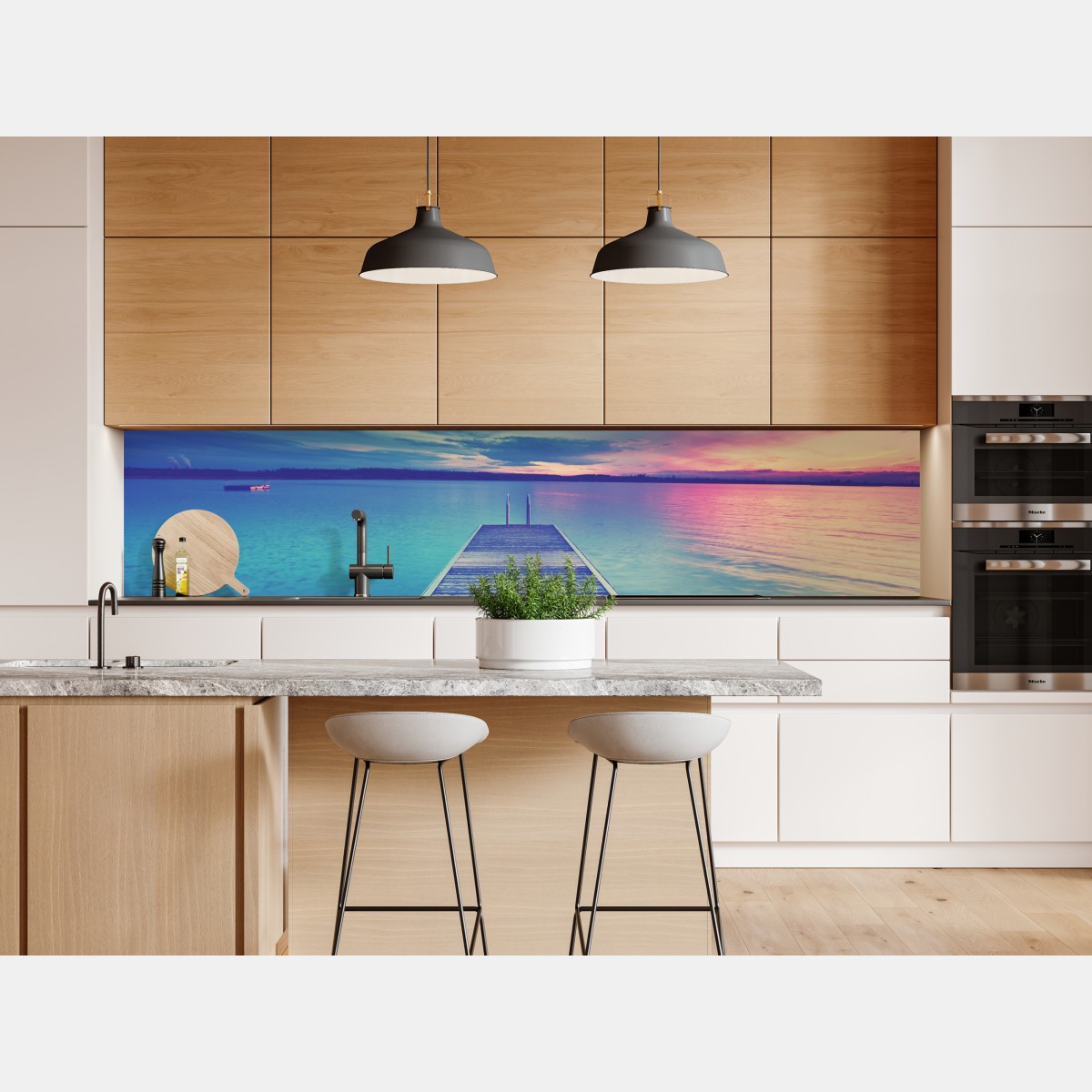 Naklejka repozycjonowalna pastelowy pomost nad jeziorem o zachodzie słońca – Wallissimo® Naklejka repozycjonowalna pastelowy pomost nad jeziorem o zachodzie słońca – Wallissimo®