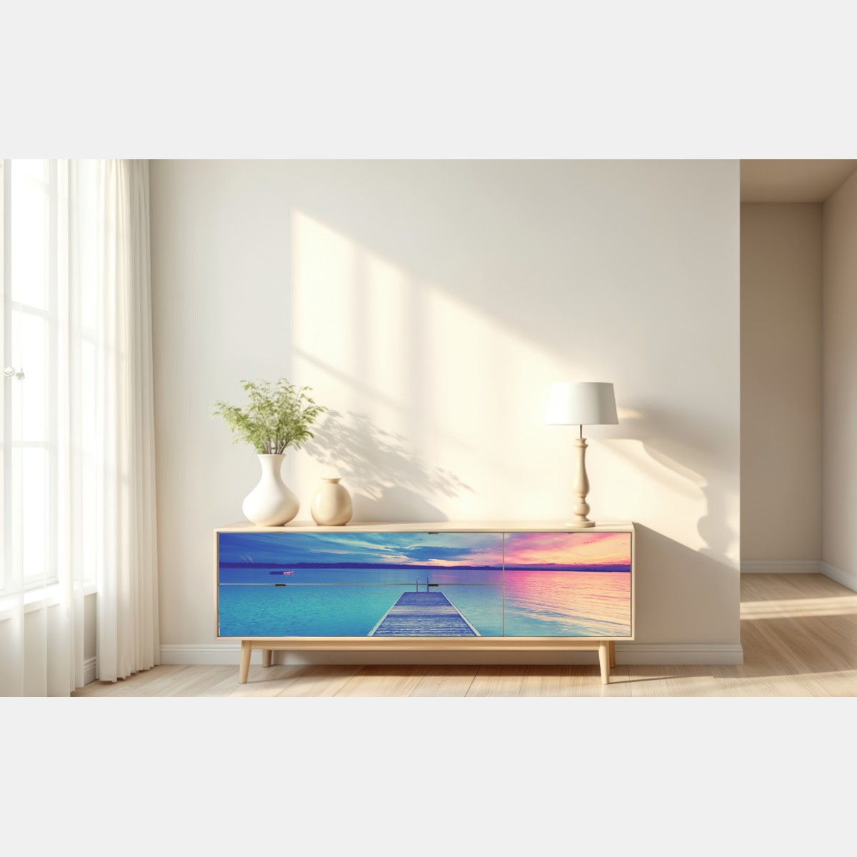 Naklejka repozycjonowalna pastelowy pomost nad jeziorem o zachodzie słońca – Wallissimo® Naklejka repozycjonowalna pastelowy pomost nad jeziorem o zachodzie słońca – Wallissimo®