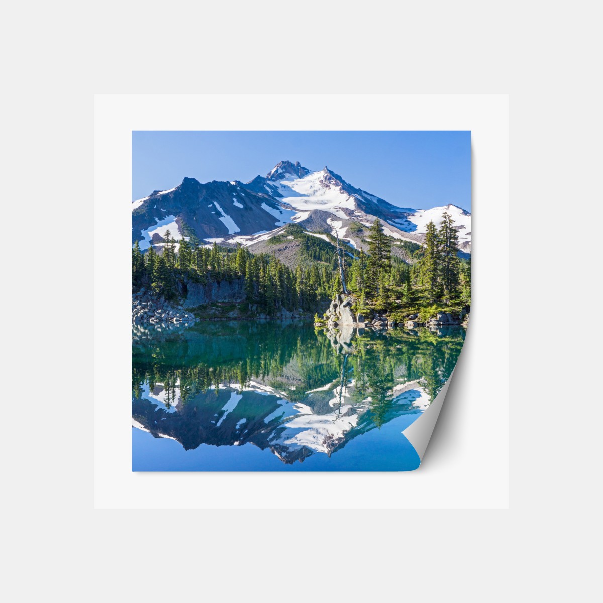 Repositionable sticker serene alpine lake with mirrored mountains