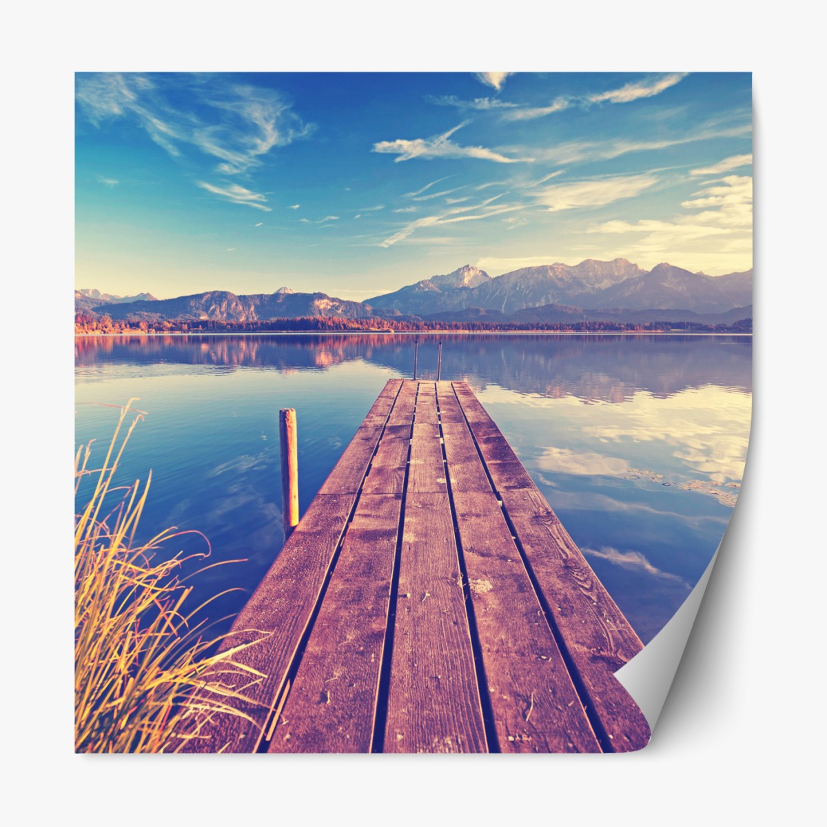 Repositionable sticker mountain lake wooden pier at sunrise
