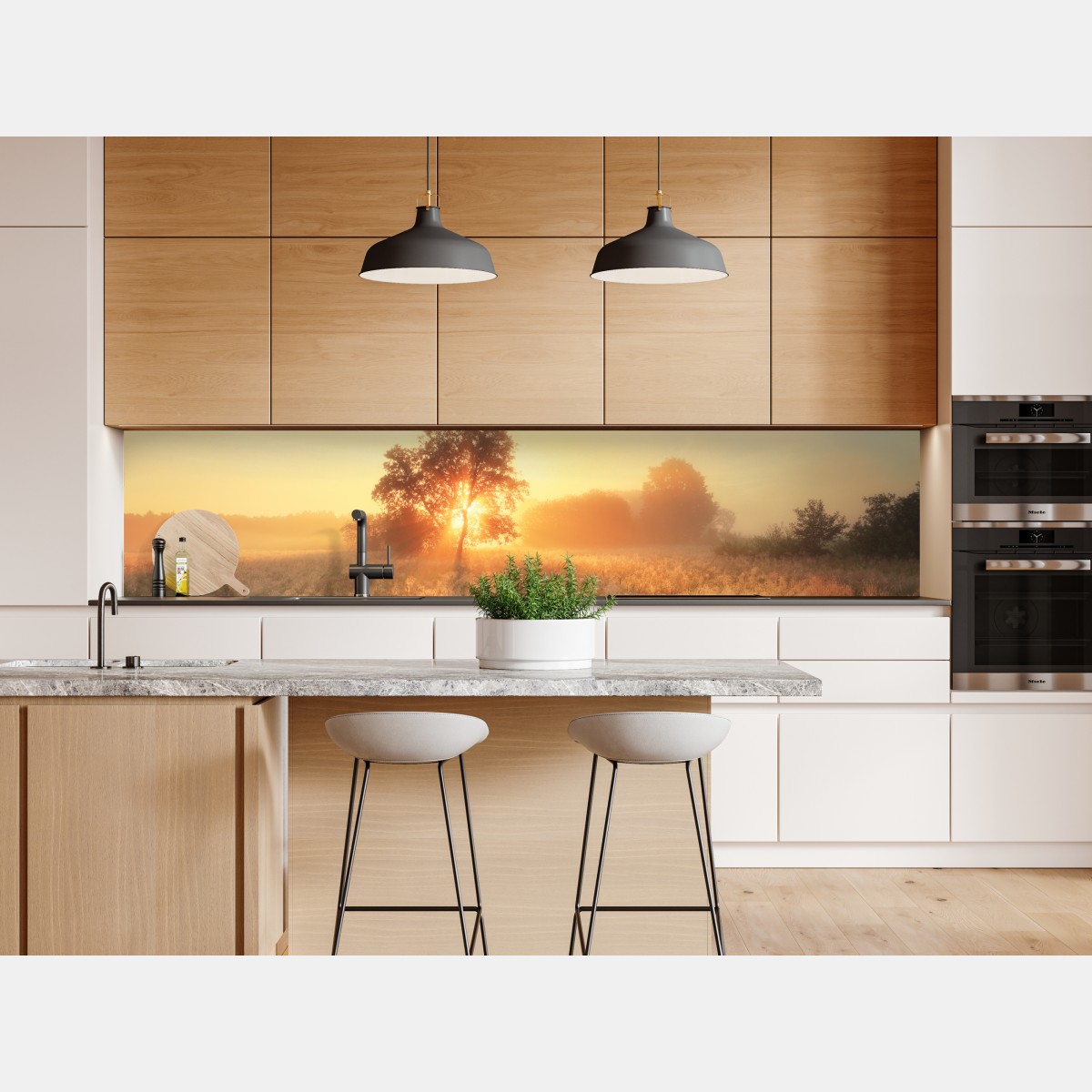 Naklejka repozycjonowalna złoty wschód słońca nad mglistą łąką – Wallissimo® Naklejka repozycjonowalna złoty wschód słońca nad mglistą łąką – Wallissimo®