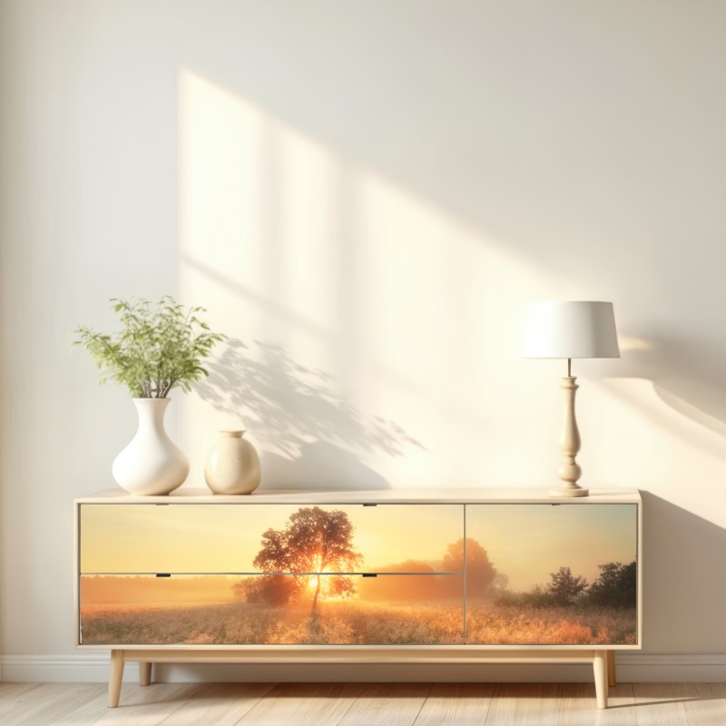 Naklejka repozycjonowalna złoty wschód słońca nad mglistą łąką – Wallissimo® Naklejka repozycjonowalna złoty wschód słońca nad mglistą łąką – Wallissimo®