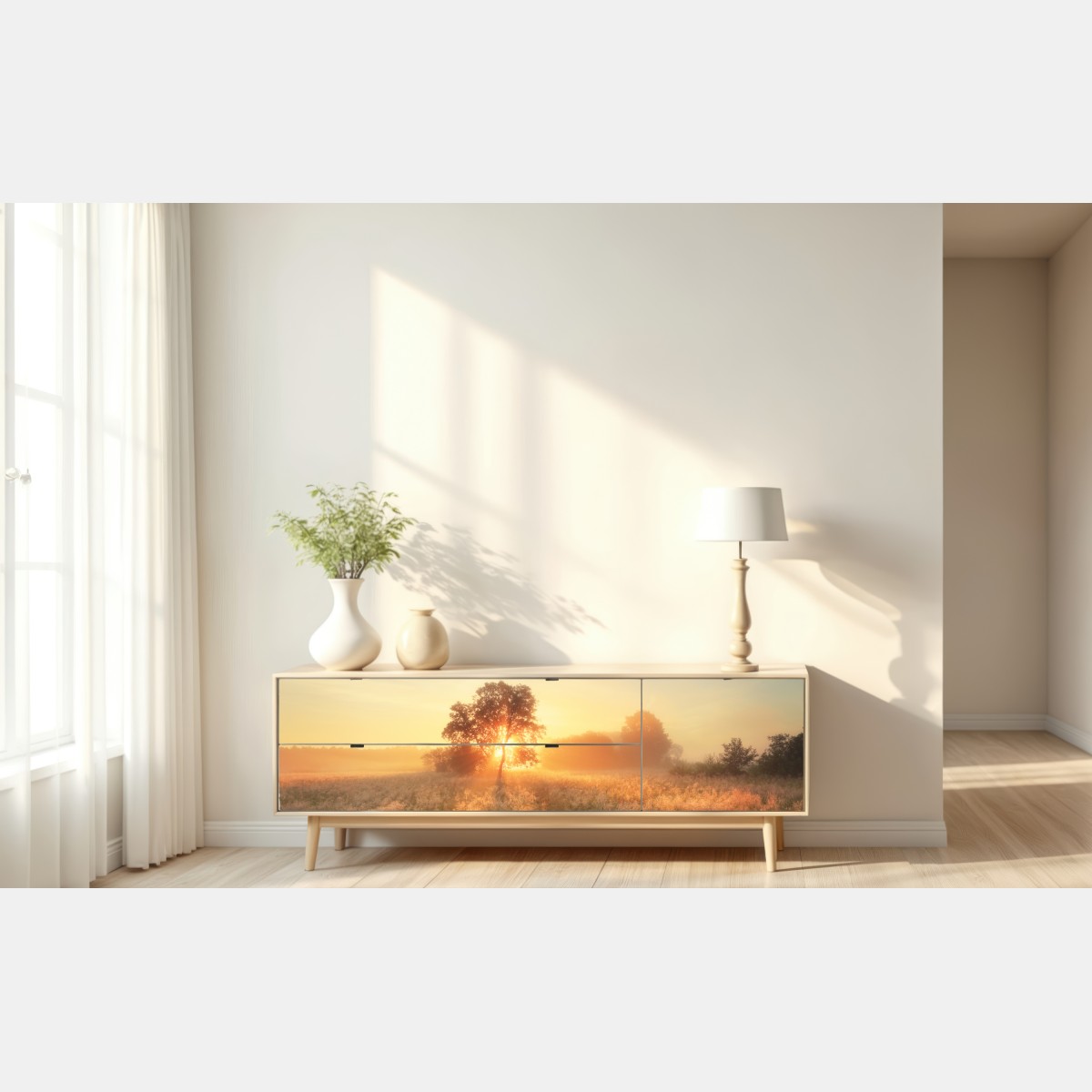 Naklejka repozycjonowalna złoty wschód słońca nad mglistą łąką – Wallissimo® Naklejka repozycjonowalna złoty wschód słońca nad mglistą łąką – Wallissimo®