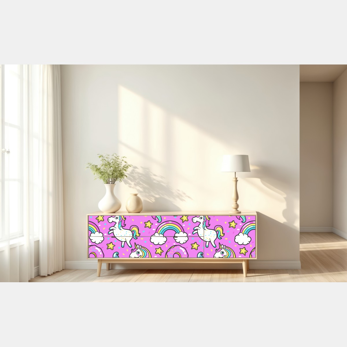Naklejka repozycjonowalna pastelowe jednorożce i słodkości – Wallissimo® Naklejka repozycjonowalna pastelowe jednorożce i słodkości – Wallissimo®