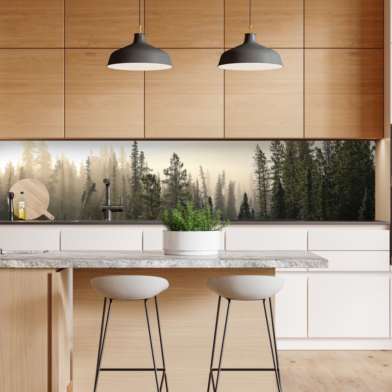 Naklejka repozycjonowalna mglisty las sosnowy o wschodzie słońca – Wallissimo® Naklejka repozycjonowalna mglisty las sosnowy o wschodzie słońca – Wallissimo®