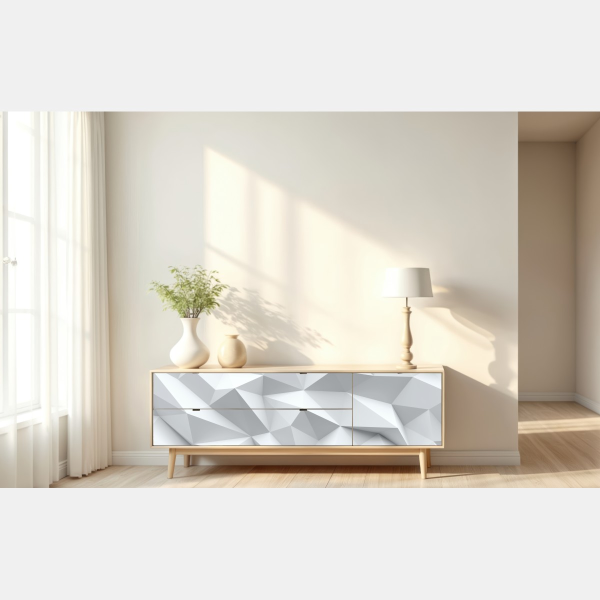 Naklejka repozycjonowalna biały trójwymiarowy geometryczny wzór low-poly – Wallissimo® Naklejka repozycjonowalna biały trójwymiarowy geometryczny wzór low-poly – Wallissimo®