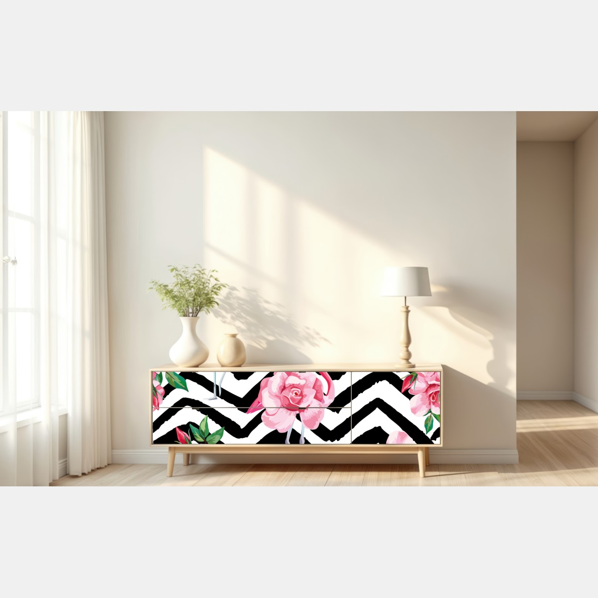 Naklejka repozycjonowalna tropikalny wzór z różowym flamingiem i różami – Wallissimo® Naklejka repozycjonowalna tropikalny wzór z różowym flamingiem i różami – Wallissimo®