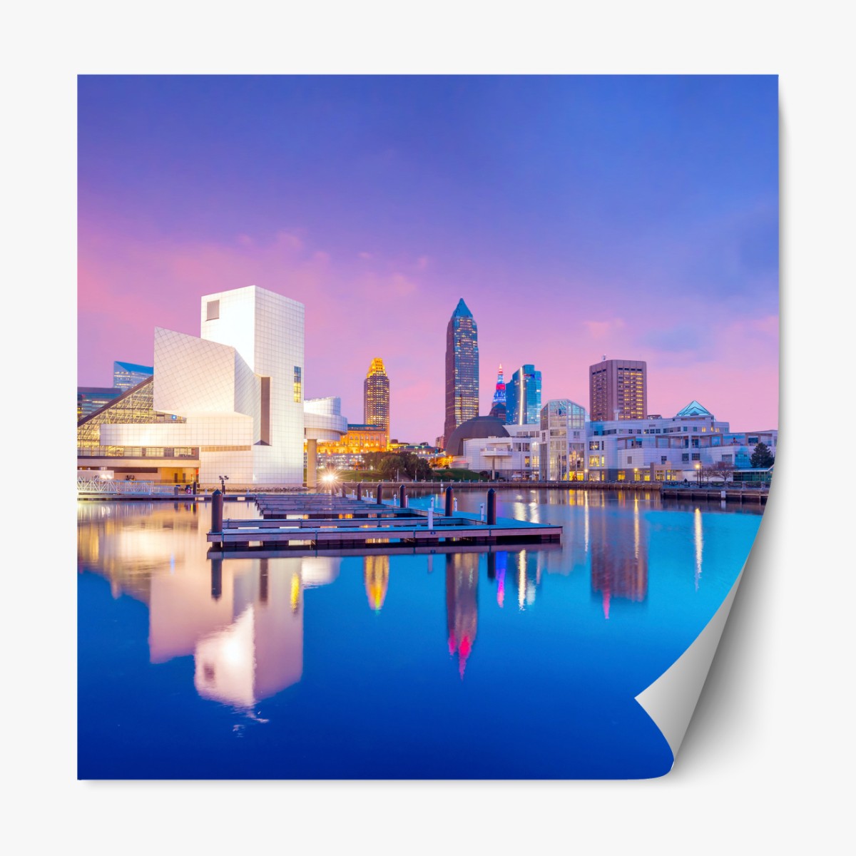 Repositionable sticker downtown Cleveland skyline at dusk