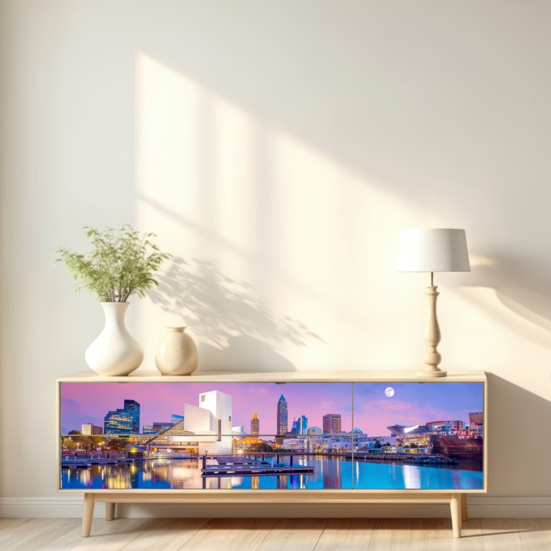 Naklejka repozycjonowalna panorama miasta Cleveland o zmierzchu – Wallissimo® Naklejka repozycjonowalna panorama miasta Cleveland o zmierzchu – Wallissimo®