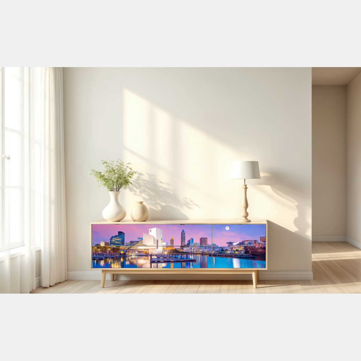 Naklejka repozycjonowalna panorama miasta Cleveland o zmierzchu – Wallissimo® Naklejka repozycjonowalna panorama miasta Cleveland o zmierzchu – Wallissimo®