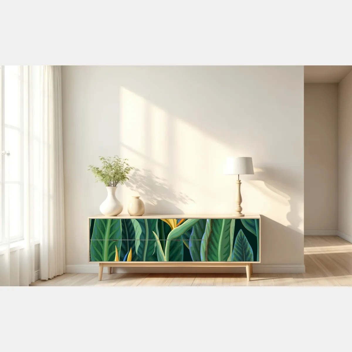 Naklejka repozycjonowalna tropikalna ilustracja strelicji i bujnych liści – Wallissimo® Naklejka repozycjonowalna tropikalna ilustracja strelicji i bujnych liści – Wallissimo®