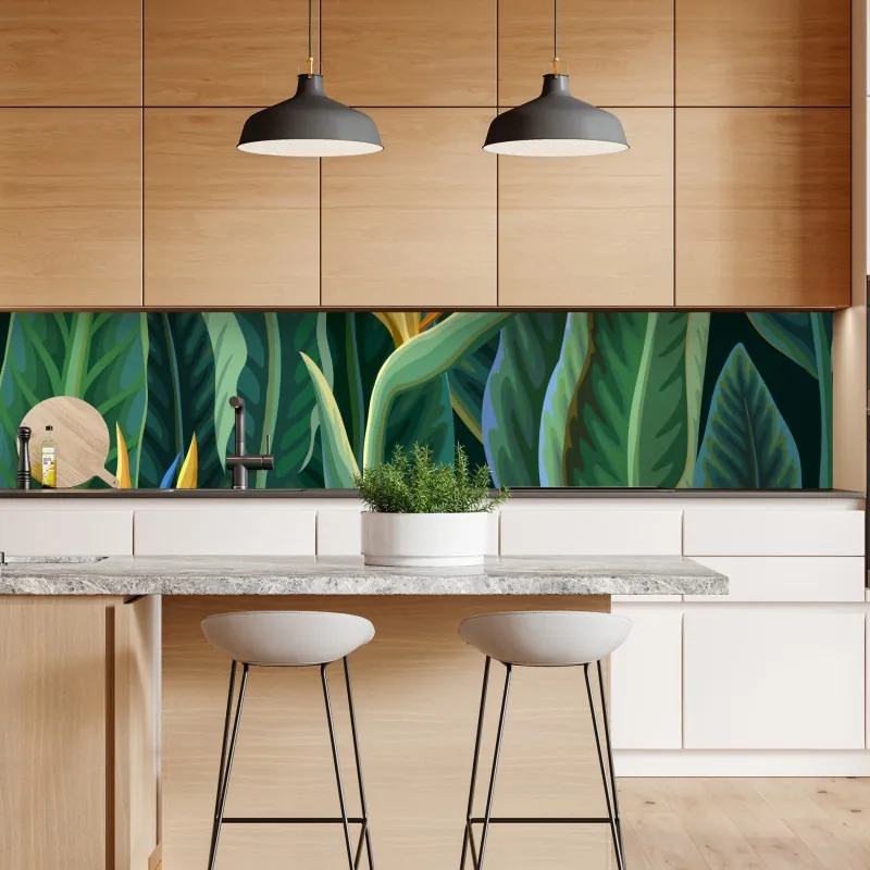 Naklejka repozycjonowalna tropikalna ilustracja strelicji i bujnych liści – Wallissimo® Naklejka repozycjonowalna tropikalna ilustracja strelicji i bujnych liści – Wallissimo®