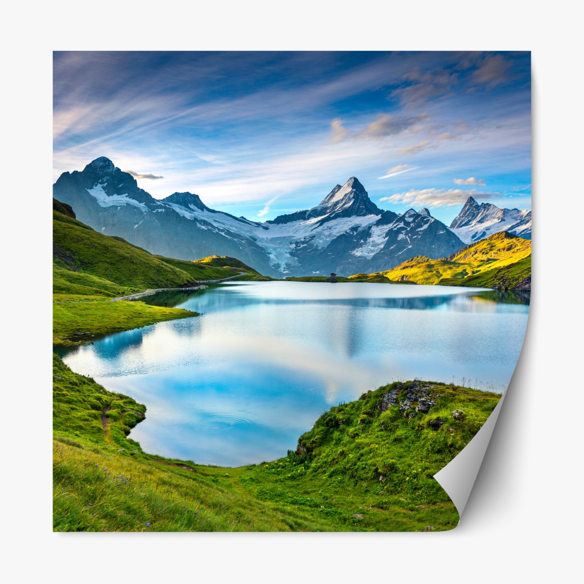 Repositionable sticker serene alpine lake beneath Wetterhorn peaks, Switzerland