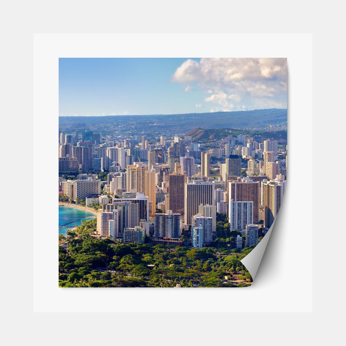 Repositionable sticker panoramic tropical city skyline by the sea