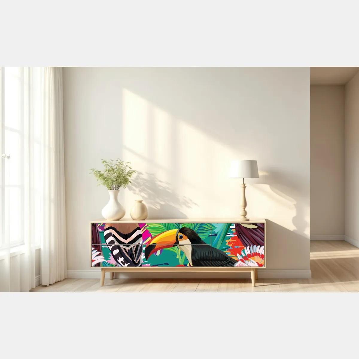 Naklejka repozycjonowalna żywe tropikalne ptaki w dżungli – Wallissimo® Naklejka repozycjonowalna żywe tropikalne ptaki w dżungli – Wallissimo®