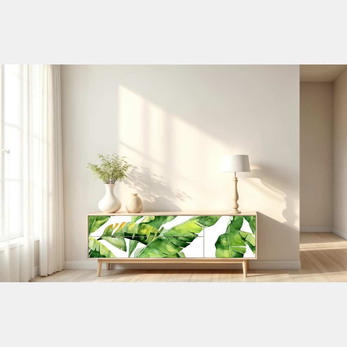 Naklejka repozycjonowalna tropikalny wzór z liśćmi bananowca w akwareli – Wallissimo® Naklejka repozycjonowalna tropikalny wzór z liśćmi bananowca w akwareli – Wallissimo®