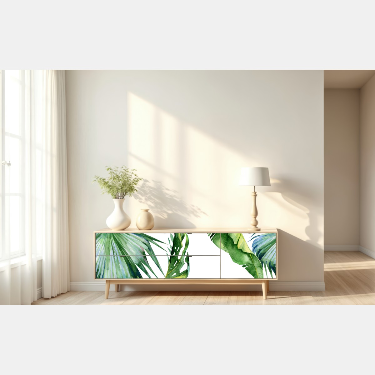 Naklejka repozycjonowalna tropikalny akwarelowy wzór liści palmowych – Wallissimo® Naklejka repozycjonowalna tropikalny akwarelowy wzór liści palmowych – Wallissimo®