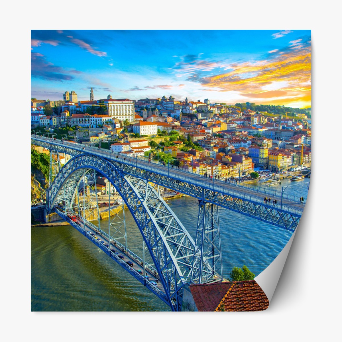 Repositionable sticker sunlit Porto bridge cityscape at sunset