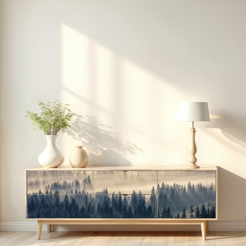 Naklejka repozycjonowalna mglista dolina świerków o świcie – Wallissimo® Naklejka repozycjonowalna mglista dolina świerków o świcie – Wallissimo®