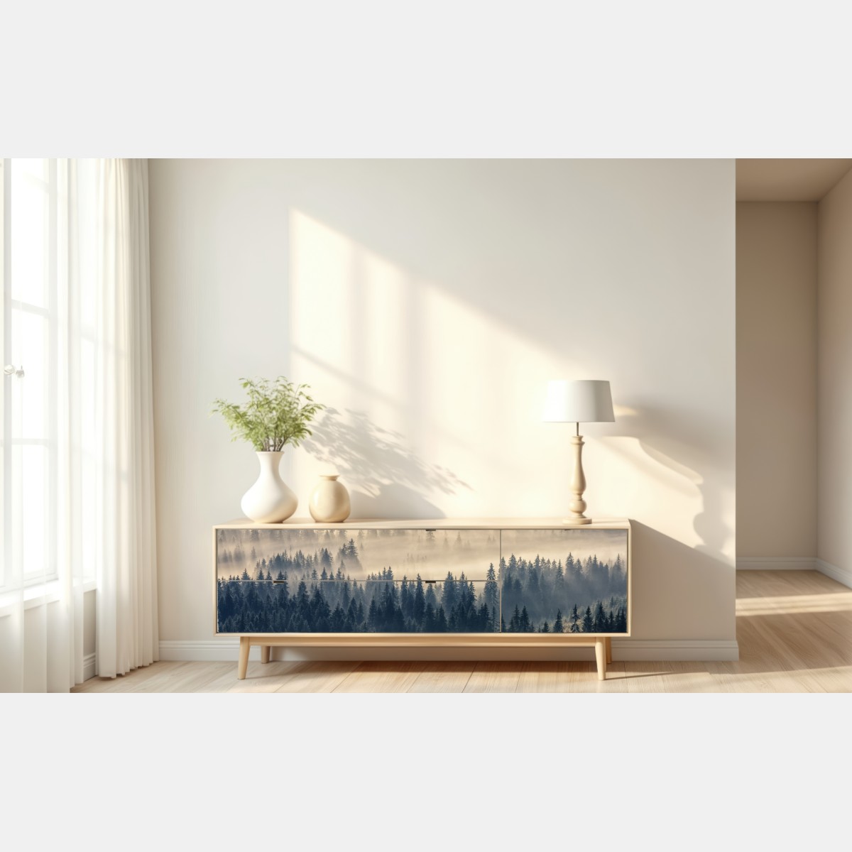 Naklejka repozycjonowalna mglista dolina świerków o świcie – Wallissimo® Naklejka repozycjonowalna mglista dolina świerków o świcie – Wallissimo®