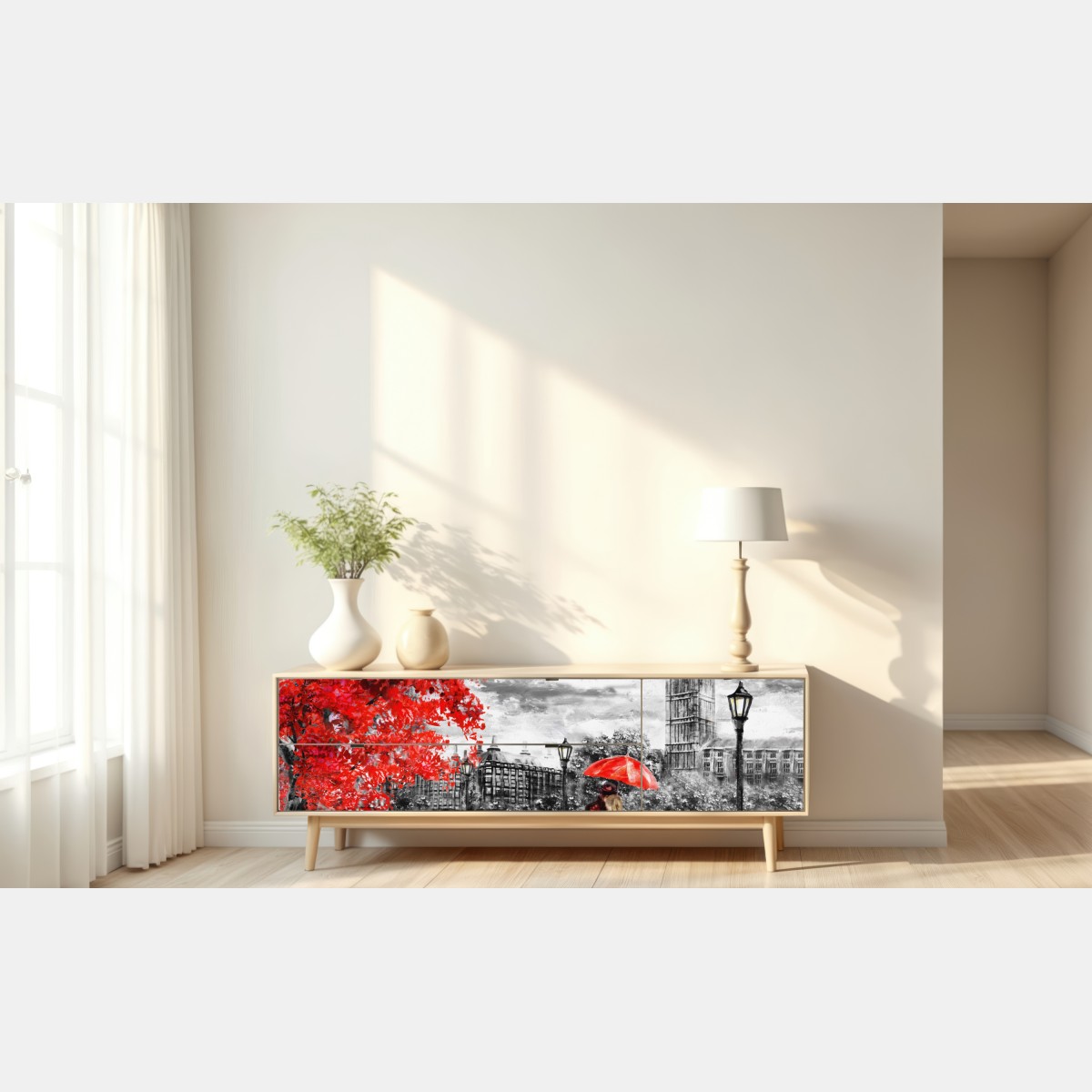 Naklejka repozycjonowalna romantyczny deszczowy wieczór w Londynie – Wallissimo® Naklejka repozycjonowalna romantyczny deszczowy wieczór w Londynie – Wallissimo®