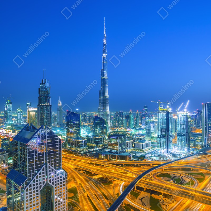Naklejka repozycjonowalna panorama Dubaju o zmierzchu – Wallissimo® Naklejka repozycjonowalna panorama Dubaju o zmierzchu – Wallissimo®