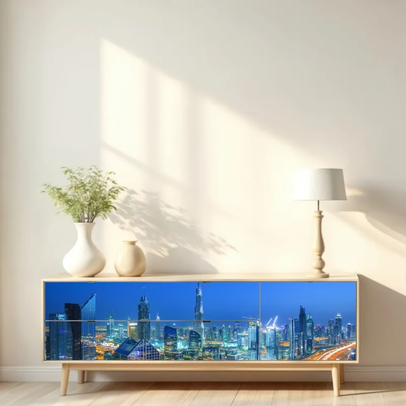 Naklejka repozycjonowalna panorama Dubaju o zmierzchu – Wallissimo® Naklejka repozycjonowalna panorama Dubaju o zmierzchu – Wallissimo®