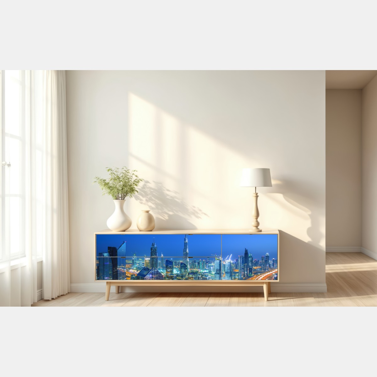 Naklejka repozycjonowalna panorama Dubaju o zmierzchu – Wallissimo® Naklejka repozycjonowalna panorama Dubaju o zmierzchu – Wallissimo®