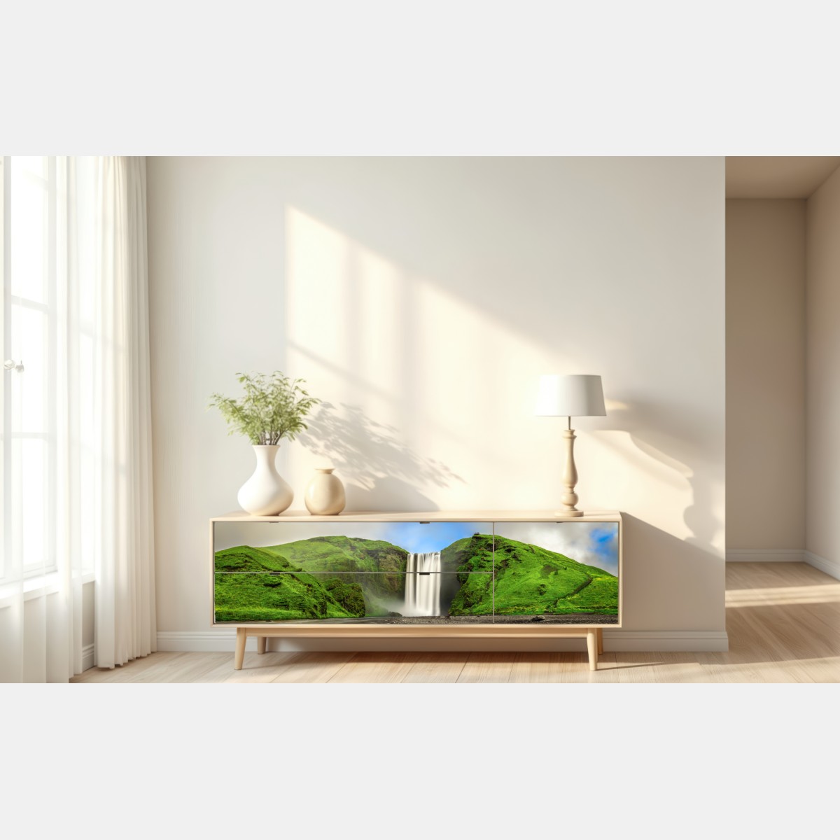 Naklejka repozycjonowalna panorama wodospadu Skogafoss – Wallissimo® Naklejka repozycjonowalna panorama wodospadu Skogafoss – Wallissimo®