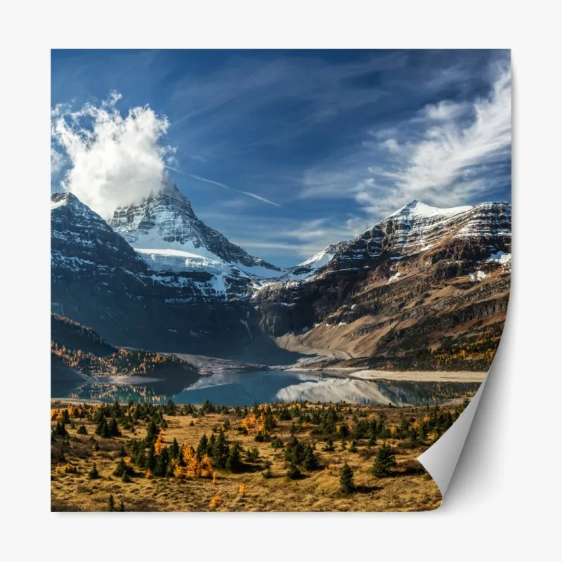 Naklejka repozycjonowalna ośnieżone szczyty odbite w jesiennym alpejskim jeziorze