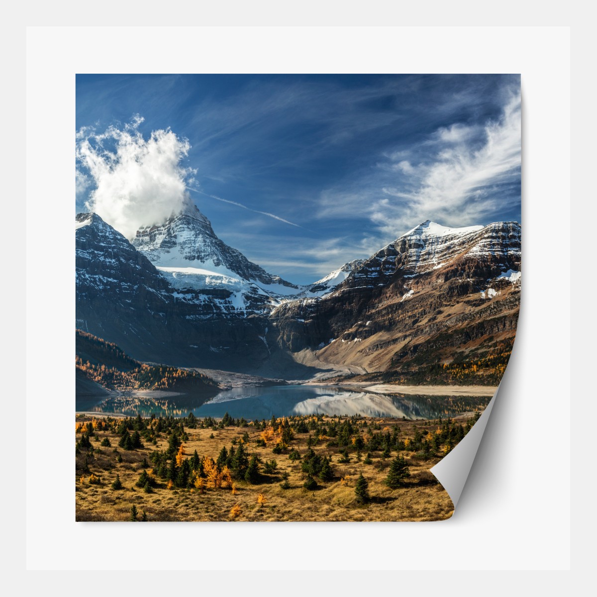 Repositionable sticker snow-capped peaks reflected in an alpine autumn lake