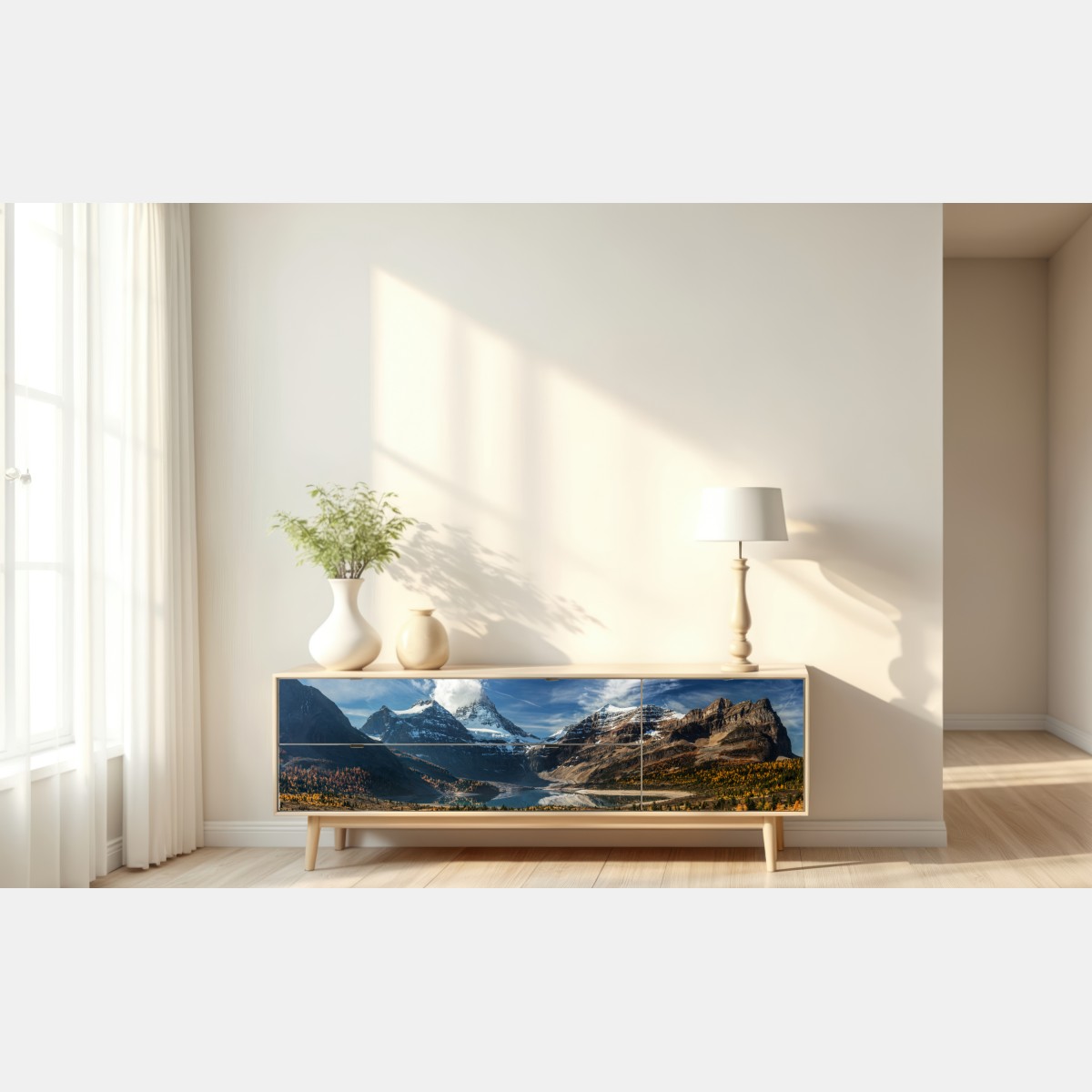 Naklejka repozycjonowalna ośnieżone szczyty odbite w jesiennym alpejskim jeziorze – Wallissimo® Naklejka repozycjonowalna ośnieżone szczyty odbite w jesiennym alpejskim jeziorze – Wallissimo®