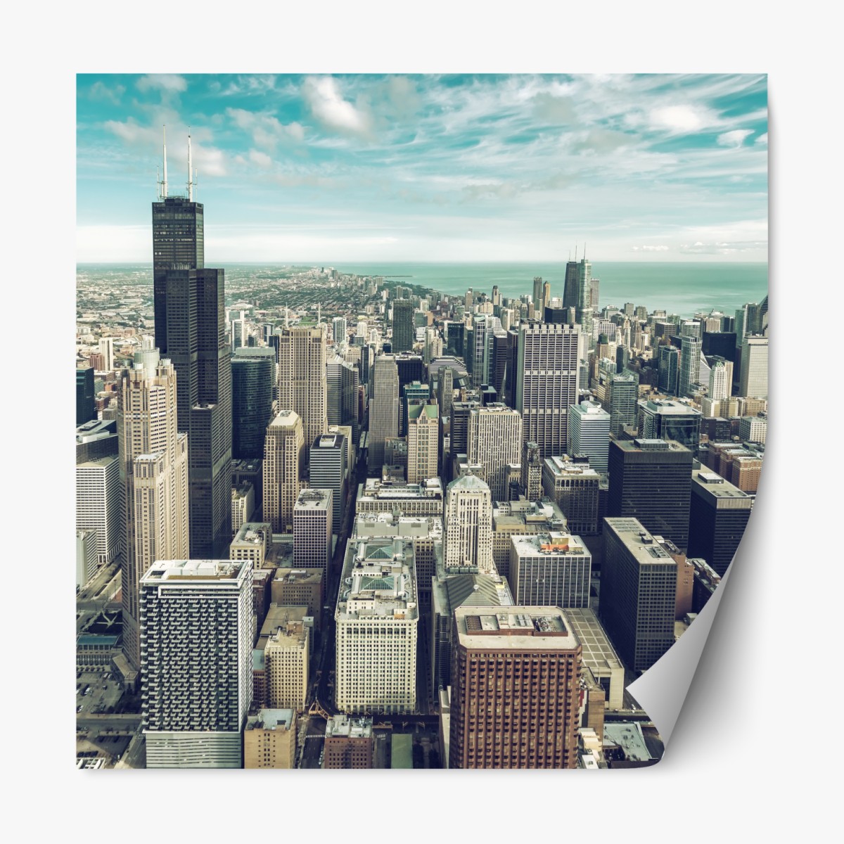 Repositionable sticker Chicago aerial skyline in turquoise vintage tones