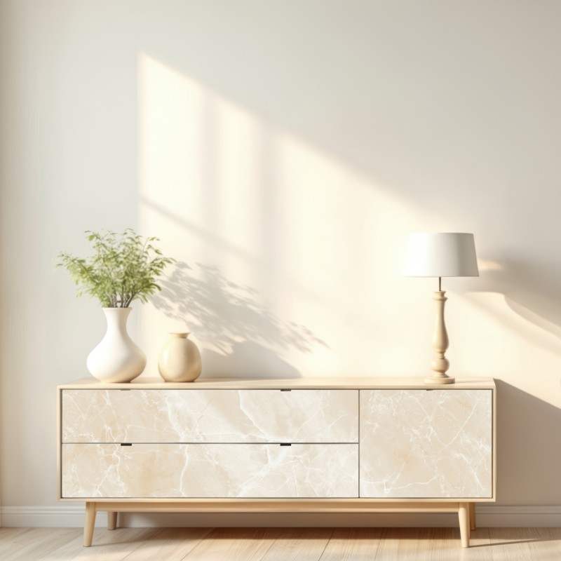 Naklejka repozycjonowalna beżowa tekstura marmuru z białymi żyłami – Wallissimo® Naklejka repozycjonowalna beżowa tekstura marmuru z białymi żyłami – Wallissimo®