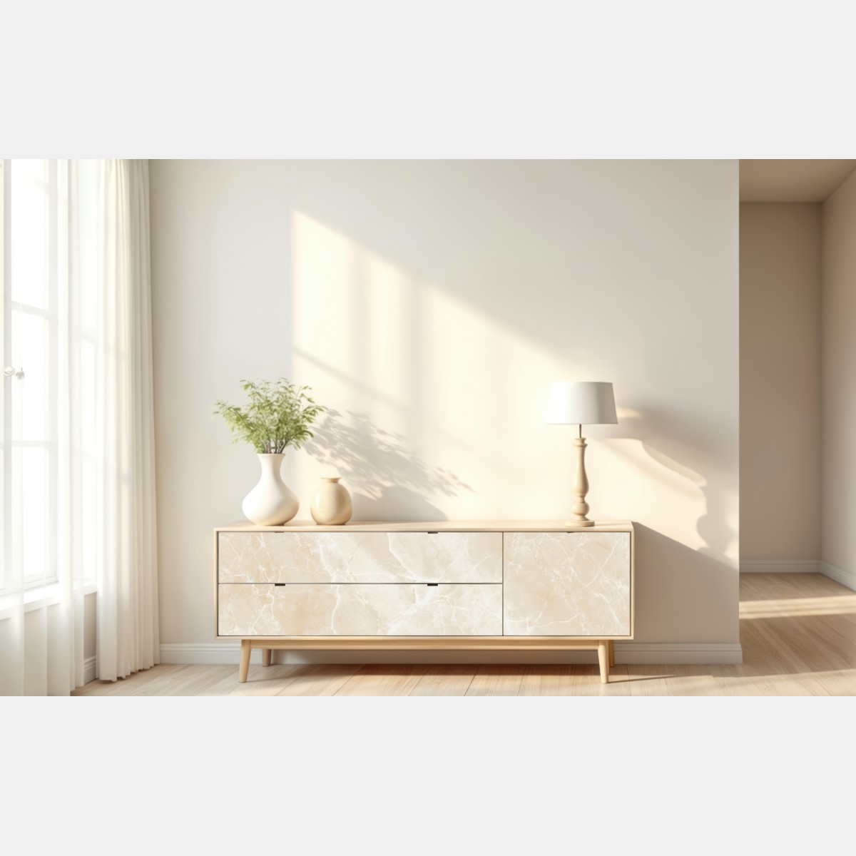 Naklejka repozycjonowalna beżowa tekstura marmuru z białymi żyłami – Wallissimo® Naklejka repozycjonowalna beżowa tekstura marmuru z białymi żyłami – Wallissimo®