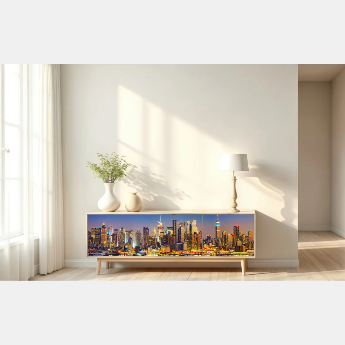 Naklejka repozycjonowalna panorama Manhattanu o zmierzchu – Wallissimo® Naklejka repozycjonowalna panorama Manhattanu o zmierzchu – Wallissimo®