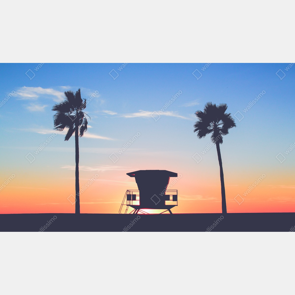 Naklejka repozycjonowalna zachód słońca nad plażą z sylwetką wieży ratownika – Wallissimo® Naklejka repozycjonowalna zachód słońca nad plażą z sylwetką wieży ratownika – Wallissimo®