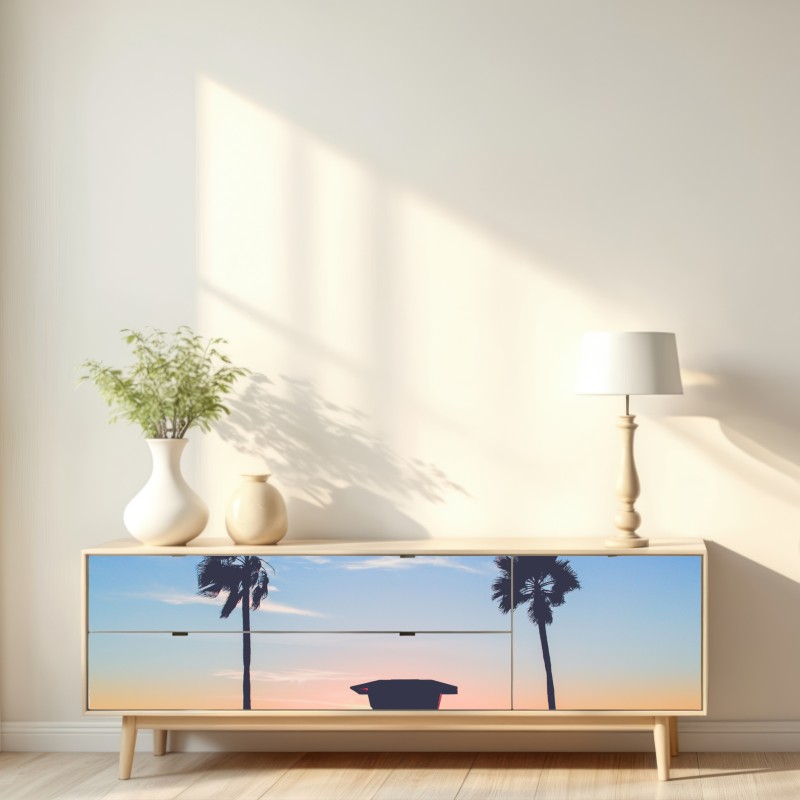 Naklejka repozycjonowalna zachód słońca nad plażą z sylwetką wieży ratownika – Wallissimo® Naklejka repozycjonowalna zachód słońca nad plażą z sylwetką wieży ratownika – Wallissimo®