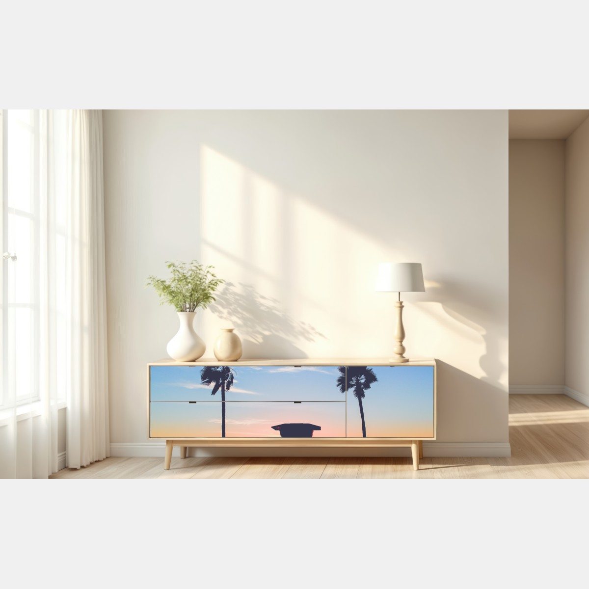 Naklejka repozycjonowalna zachód słońca nad plażą z sylwetką wieży ratownika – Wallissimo® Naklejka repozycjonowalna zachód słońca nad plażą z sylwetką wieży ratownika – Wallissimo®