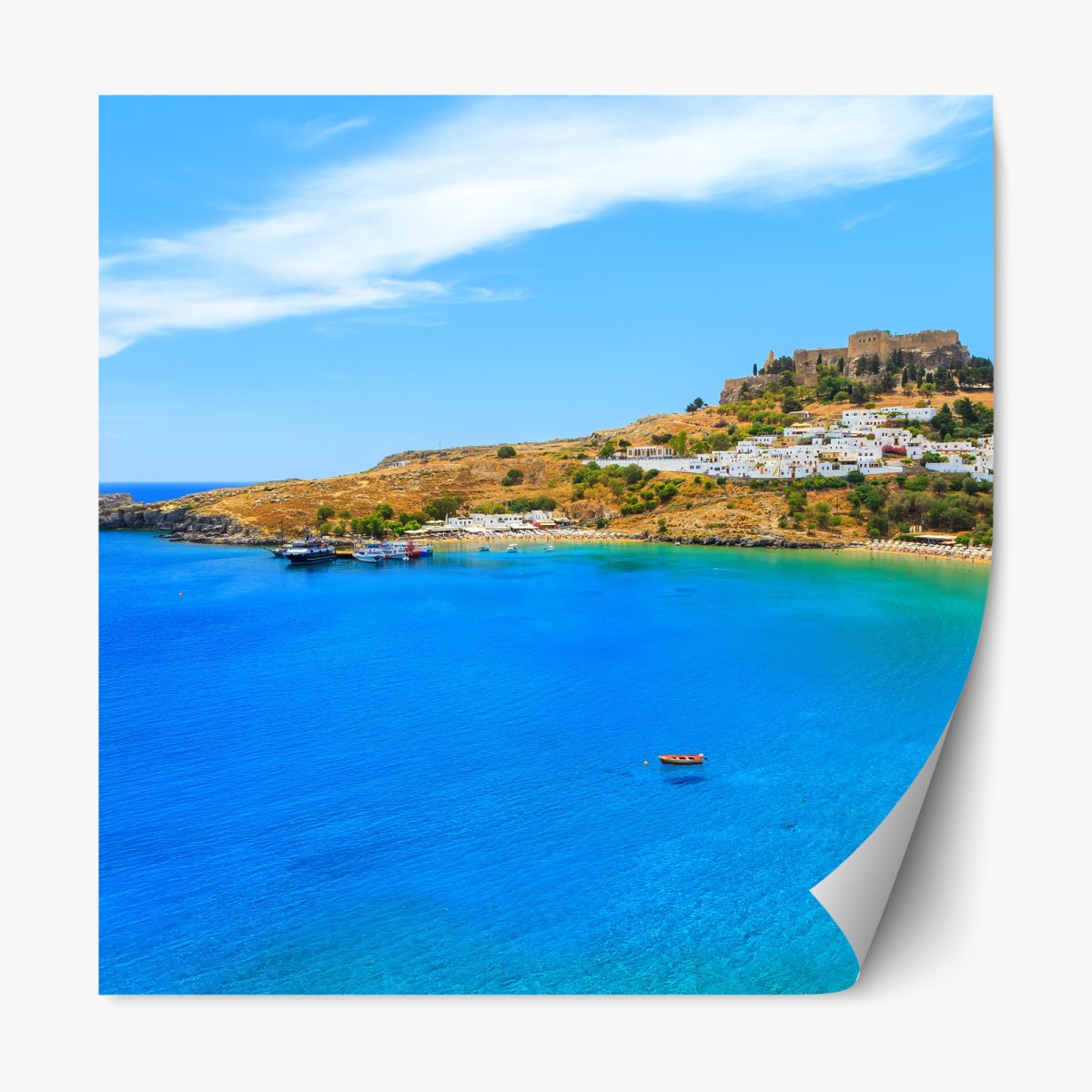 Repositionable sticker sunlit coastal bay with hillside village