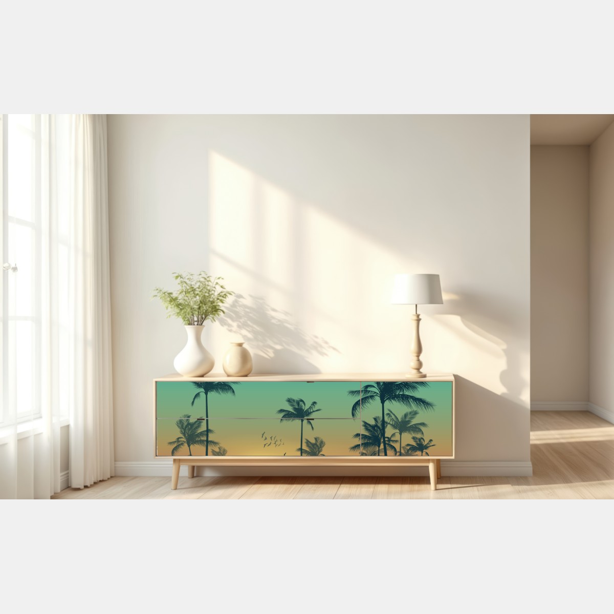 Naklejka repozycjonowalna tropikalny zachód słońca z palmami – Wallissimo® Naklejka repozycjonowalna tropikalny zachód słońca z palmami – Wallissimo®