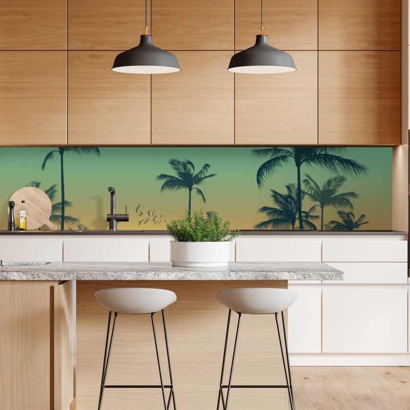 Naklejka repozycjonowalna tropikalny zachód słońca z palmami – Wallissimo® Naklejka repozycjonowalna tropikalny zachód słońca z palmami – Wallissimo®